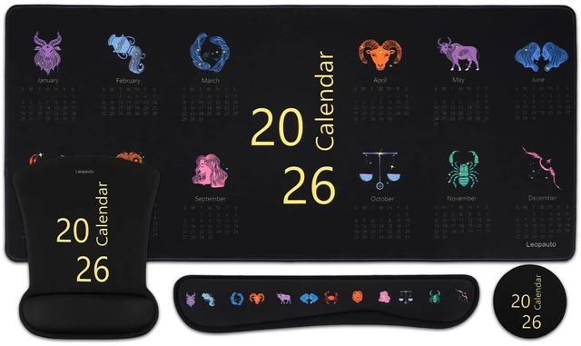 Main image of Leopauto 4-Piece Mouse Pad Set with Wrist Rest, Black Horoscope Calendar | Mouse pad for desk setups, memory foam keyboard wrist rest, matching coaster, non-slip base, and water-resistant XL mat.