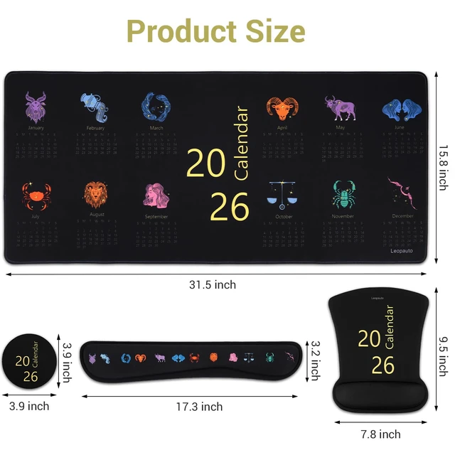 Alt view image 2 of 7 - Leopauto 4-Piece Mouse Pad Set with Wrist Rest, Black Horoscope Calendar | Mouse pad for desk setups, memory foam keyboard wrist rest, matching coaster, non-slip base, and water-resistant XL mat.