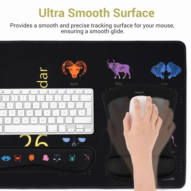 Alt view image 5 of 7 - Leopauto 4-Piece Mouse Pad Set with Wrist Rest, Black Horoscope Calendar | Mouse pad for desk setups, memory foam keyboard wrist rest, matching coaster, non-slip base, and water-resistant XL mat.