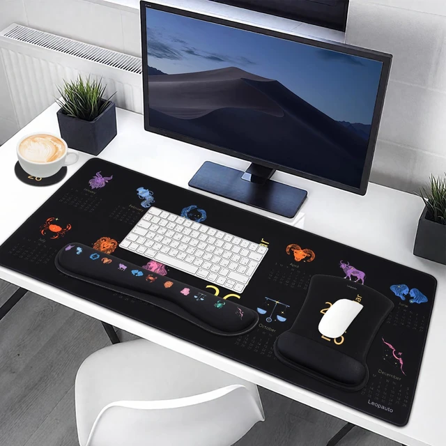 Alt view image 6 of 7 - Leopauto 4-Piece Mouse Pad Set with Wrist Rest, Black Horoscope Calendar | Mouse pad for desk setups, memory foam keyboard wrist rest, matching coaster, non-slip base, and water-resistant XL mat.