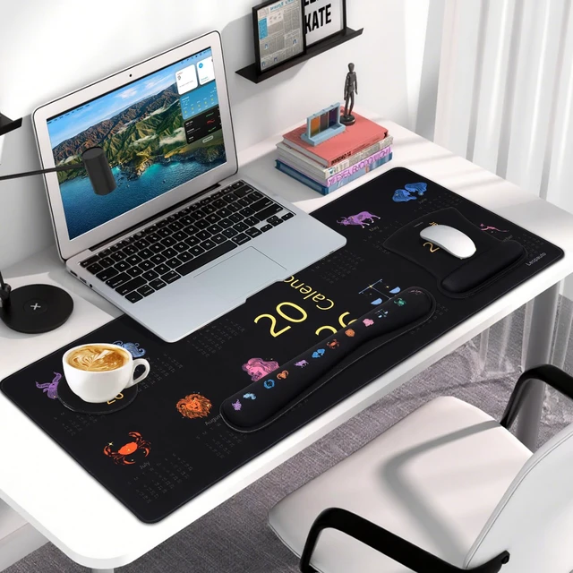 Alt view image 7 of 7 - Leopauto 4-Piece Mouse Pad Set with Wrist Rest, Black Horoscope Calendar | Mouse pad for desk setups, memory foam keyboard wrist rest, matching coaster, non-slip base, and water-resistant XL mat.