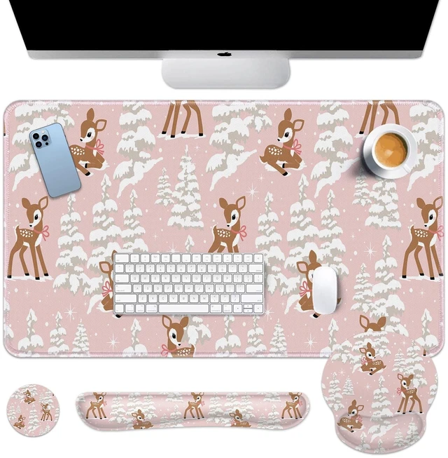 Main image of Britimes Keyboard Mouse Pad Set, 4 in 1 Desk Mat Set, Winter Cute Fawn | Snow Pine Tree Large Mousepad+Keyboard Wrist Rest+Mouse Wrist Rest+Coaster Ergonomic Design for Home Office Computer