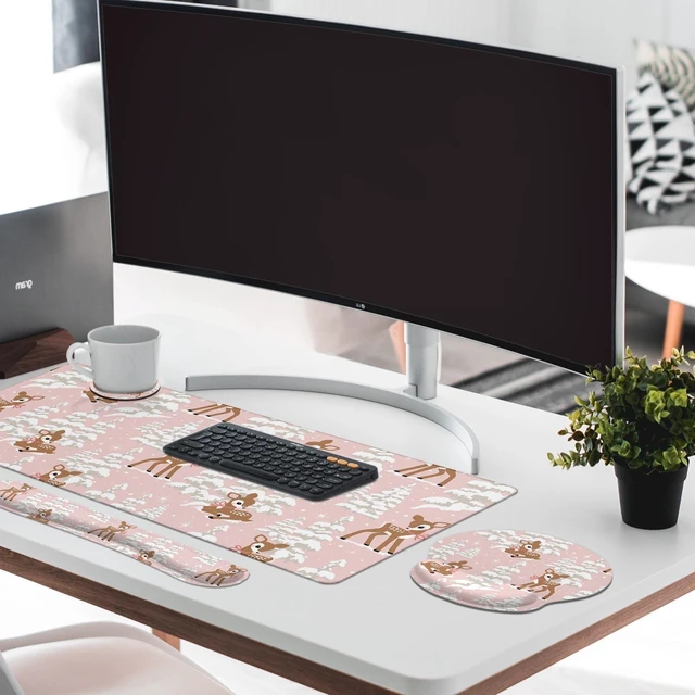 Alt view image 3 of 7 - Britimes Keyboard Mouse Pad Set, 4 in 1 Desk Mat Set, Winter Cute Fawn | Snow Pine Tree Large Mousepad+Keyboard Wrist Rest+Mouse Wrist Rest+Coaster Ergonomic Design for Home Office Computer