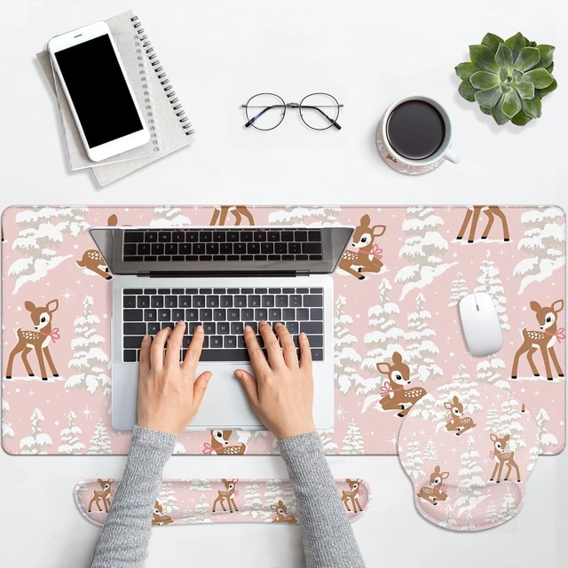 Alt view image 4 of 7 - Britimes Keyboard Mouse Pad Set, 4 in 1 Desk Mat Set, Winter Cute Fawn | Snow Pine Tree Large Mousepad+Keyboard Wrist Rest+Mouse Wrist Rest+Coaster Ergonomic Design for Home Office Computer