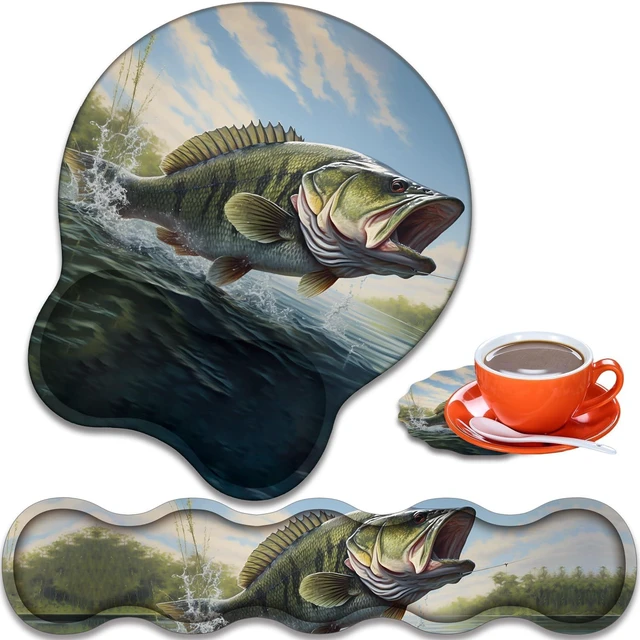 Main image of Ergonomic Wrist Rest Support Set 3-in-1, Memory Foam & Gel Keyboard Wrist Rest + Mouse Pad with Coaster, Reduces Pain, Anti-Slip Base Suitable for Gaming and Office, Large Mouth Bass Fish
