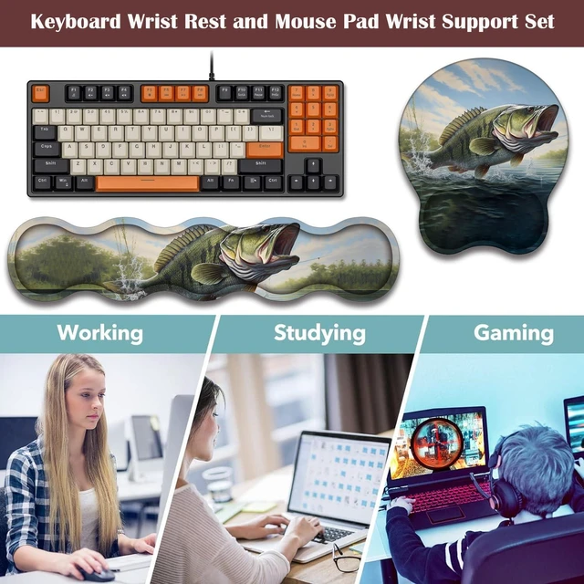 Alt view image 2 of 7 - Ergonomic Wrist Rest Support Set 3-in-1, Memory Foam & Gel Keyboard Wrist Rest + Mouse Pad with Coaster, Reduces Pain, Anti-Slip Base Suitable for Gaming and Office, Large Mouth Bass Fish