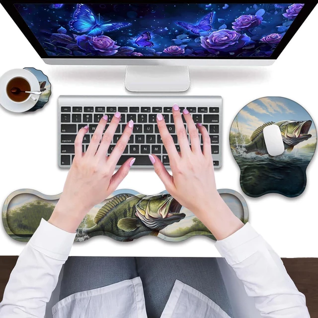 Alt view image 4 of 7 - Ergonomic Wrist Rest Support Set 3-in-1, Memory Foam & Gel Keyboard Wrist Rest + Mouse Pad with Coaster, Reduces Pain, Anti-Slip Base Suitable for Gaming and Office, Large Mouth Bass Fish
