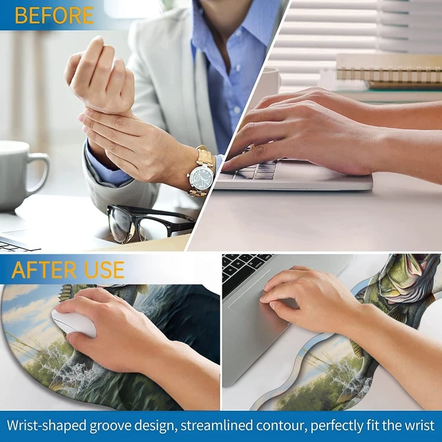 Alt view image 3 of 7 - Ergonomic Wrist Rest Support Set 3-in-1, Memory Foam & Gel Keyboard Wrist Rest + Mouse Pad with Coaster, Reduces Pain, Anti-Slip Base Suitable for Gaming and Office, Large Mouth Bass Fish