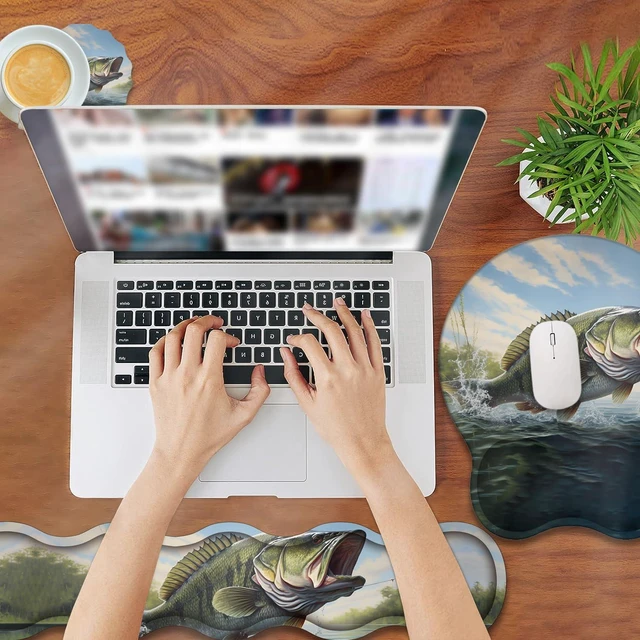 Alt view image 6 of 7 - Ergonomic Wrist Rest Support Set 3-in-1, Memory Foam & Gel Keyboard Wrist Rest + Mouse Pad with Coaster, Reduces Pain, Anti-Slip Base Suitable for Gaming and Office, Large Mouth Bass Fish
