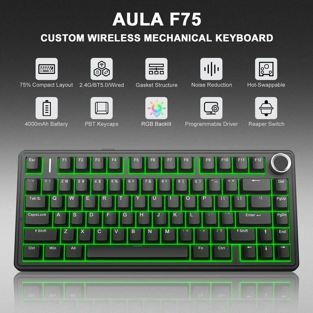 Alt view image 2 of 7 - NSYCA x Aula F75 Wireless Mechanical Keyboard, Gasket Mount Hot Swappable RGB Gaming Keyboard with Knob, Tri-Mode BT5.0/2.4G/USB-C, Creamy Keyboard Pre-lubed Linear Switch, PBT Keycaps for PC Mac