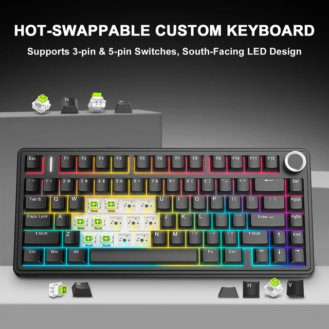 Alt view image 5 of 7 - NSYCA x Aula F75 Wireless Mechanical Keyboard, Gasket Mount Hot Swappable RGB Gaming Keyboard with Knob, Tri-Mode BT5.0/2.4G/USB-C, Creamy Keyboard Pre-lubed Linear Switch, PBT Keycaps for PC Mac