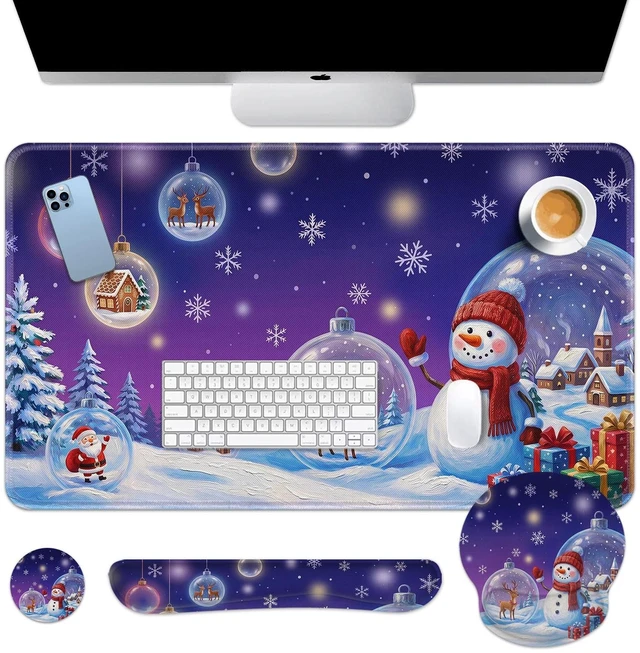 Main image of Britimes Keyboard Mouse Pad Set, 4 in 1 Desk Mat Set, Christmas Snowman | Snowflake Blue Large Mousepad+Keyboard Wrist Rest+Mouse Wrist Rest+Coaster Ergonomic Design for Home Office Computer