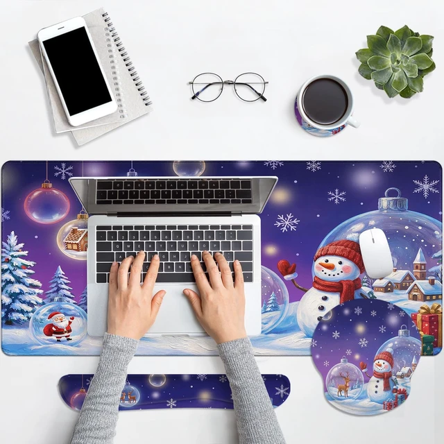 Alt view image 7 of 7 - Britimes Keyboard Mouse Pad Set, 4 in 1 Desk Mat Set, Christmas Snowman | Snowflake Blue Large Mousepad+Keyboard Wrist Rest+Mouse Wrist Rest+Coaster Ergonomic Design for Home Office Computer