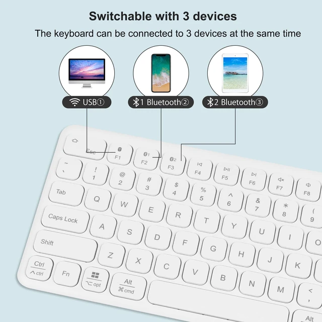 Alt view image 3 of 7 - 3 Mode Bluetooth Wireless Keyboard and Mouse Set, BT/2.4G, 3 Devices Connectable, Shared USB Receiver, Ultra Thin Rechargeable Quiet 78 Keys for PC/Laptop/Tablet/Windows/MacBook/iMac (White)