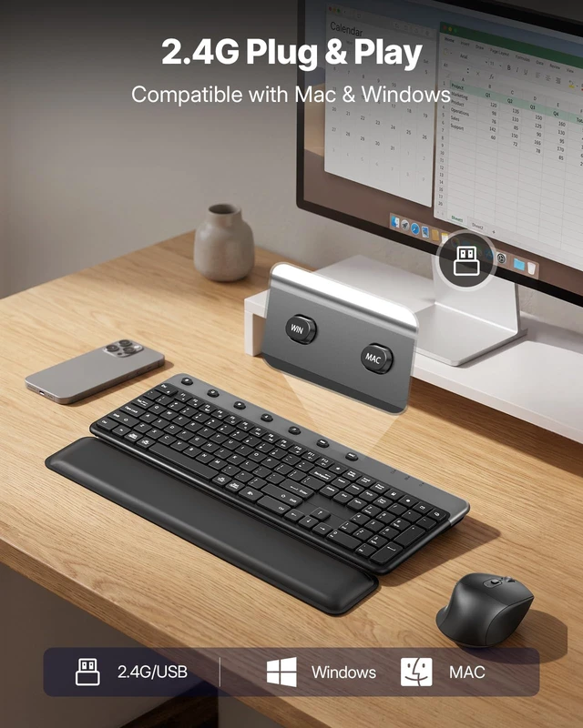 Alt view image 6 of 7 - Doohoeek 2.4G Wireless Keyboard Combo KG818 | Removable Palm Rest, Compatible with Mac/Win, Fullsize Design, 3-Level-DPI