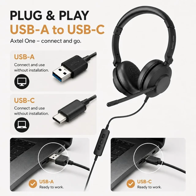 Alt view image 6 of 7 - Axtel One Stereo Headset Noise-Cancelling Microphone, 40mm HD Speakers, Inline Call Control, Ultra-Lightweight, All-Day Comfort USB-A & USB-C Compatible Office, Call Center & Remote Work
