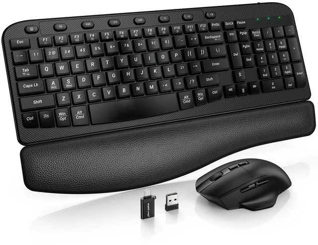 Main image of Wireless Keyboard and Mouse Combo, Full Size Ergonomic Wave, 2.4G USB-A/C | Leather Soft Palm Rest, 6 Button Ergo Mouse, 4-Level DPI, 8 Shortcut Keys, Silent Set for Windows/Mac OS/Laptop/PC