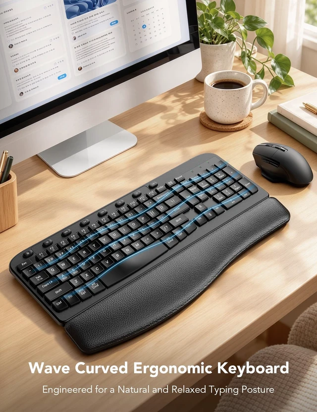 Alt view image 2 of 7 - Wireless Keyboard and Mouse Combo, Full Size Ergonomic Wave, 2.4G USB-A/C | Leather Soft Palm Rest, 6 Button Ergo Mouse, 4-Level DPI, 8 Shortcut Keys, Silent Set for Windows/Mac OS/Laptop/PC