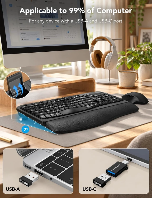 Alt view image 3 of 7 - Wireless Keyboard and Mouse Combo, Full Size Ergonomic Wave, 2.4G USB-A/C | Leather Soft Palm Rest, 6 Button Ergo Mouse, 4-Level DPI, 8 Shortcut Keys, Silent Set for Windows/Mac OS/Laptop/PC