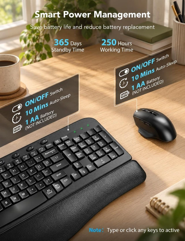 Alt view image 4 of 7 - Wireless Keyboard and Mouse Combo, Full Size Ergonomic Wave, 2.4G USB-A/C | Leather Soft Palm Rest, 6 Button Ergo Mouse, 4-Level DPI, 8 Shortcut Keys, Silent Set for Windows/Mac OS/Laptop/PC