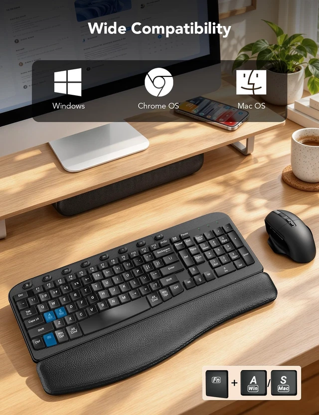 Alt view image 7 of 7 - Wireless Keyboard and Mouse Combo, Full Size Ergonomic Wave, 2.4G USB-A/C | Leather Soft Palm Rest, 6 Button Ergo Mouse, 4-Level DPI, 8 Shortcut Keys, Silent Set for Windows/Mac OS/Laptop/PC