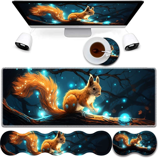 Main image of 4 in 1 Mouse Pad Combo, Large Gaming Mouse Pad + Keyboard Wrist Support + Mouse Wrist Rest + Coaster, Table Pad 31.5 "x 11.8" with Memory Foam Ergonomic Wrist Pad Set, Glowing Squirrel