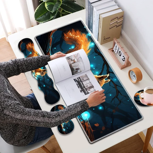 Alt view image 2 of 7 - 4 in 1 Mouse Pad Combo, Large Gaming Mouse Pad + Keyboard Wrist Support + Mouse Wrist Rest + Coaster, Table Pad 31.5 "x 11.8" with Memory Foam Ergonomic Wrist Pad Set, Glowing Squirrel