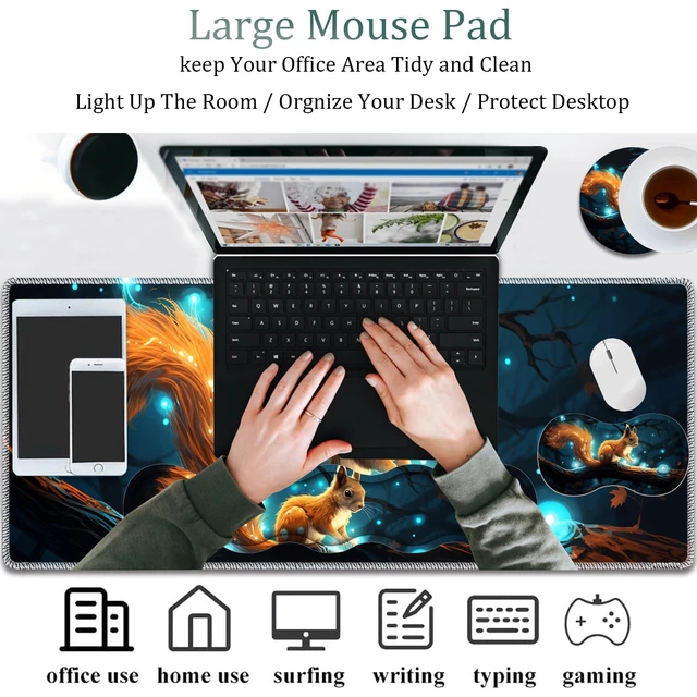 Alt view image 4 of 7 - 4 in 1 Mouse Pad Combo, Large Gaming Mouse Pad + Keyboard Wrist Support + Mouse Wrist Rest + Coaster, Table Pad 31.5 "x 11.8" with Memory Foam Ergonomic Wrist Pad Set, Glowing Squirrel