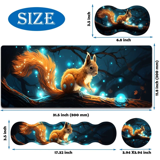 Alt view image 6 of 7 - 4 in 1 Mouse Pad Combo, Large Gaming Mouse Pad + Keyboard Wrist Support + Mouse Wrist Rest + Coaster, Table Pad 31.5 "x 11.8" with Memory Foam Ergonomic Wrist Pad Set, Glowing Squirrel