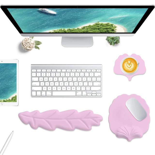 Alt view image 2 of 7 - Lauspuck Keyboard Wrist Rest and Mouse Pad with Wrist Support Set, Ergonomic Leaf Shape Mouse Pad with Non-Slip Base, Pain Relief Memory Foam Mousepad for Computer,Laptop,Home Office, Pink