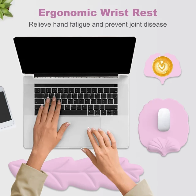 Alt view image 6 of 7 - Lauspuck Keyboard Wrist Rest and Mouse Pad with Wrist Support Set, Ergonomic Leaf Shape Mouse Pad with Non-Slip Base, Pain Relief Memory Foam Mousepad for Computer,Laptop,Home Office, Pink