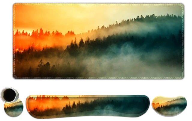 Main image of Lauspuck Keyboard Mouse Pad Set, Extended Gaming Mouse Pad +Keyboard Wrist Support +Mouse Wrist Rest +Coaster, 35.4x15.7 in XXL Large Ergonomic Desk Mat 4in1 Set for Home Office, Sunset Misty Forest
