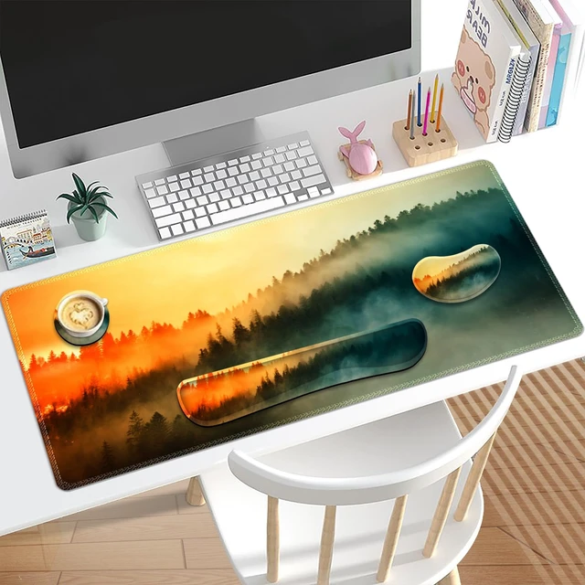 Alt view image 2 of 7 - Lauspuck Keyboard Mouse Pad Set, Extended Gaming Mouse Pad +Keyboard Wrist Support +Mouse Wrist Rest +Coaster, 35.4x15.7 in XXL Large Ergonomic Desk Mat 4in1 Set for Home Office, Sunset Misty Forest
