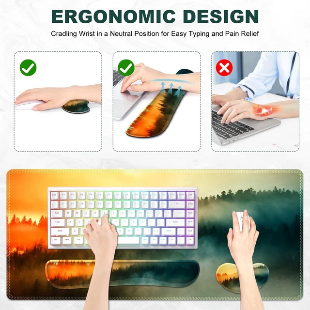 Alt view image 3 of 7 - Lauspuck Keyboard Mouse Pad Set, Extended Gaming Mouse Pad +Keyboard Wrist Support +Mouse Wrist Rest +Coaster, 35.4x15.7 in XXL Large Ergonomic Desk Mat 4in1 Set for Home Office, Sunset Misty Forest