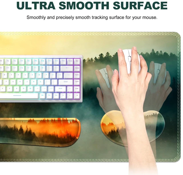 Alt view image 4 of 7 - Lauspuck Keyboard Mouse Pad Set, Extended Gaming Mouse Pad +Keyboard Wrist Support +Mouse Wrist Rest +Coaster, 35.4x15.7 in XXL Large Ergonomic Desk Mat 4in1 Set for Home Office, Sunset Misty Forest