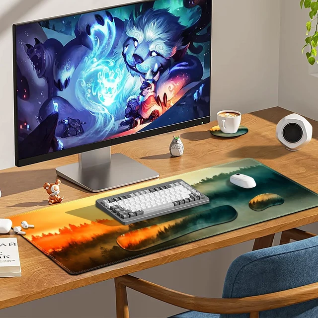 Alt view image 6 of 7 - Lauspuck Keyboard Mouse Pad Set, Extended Gaming Mouse Pad +Keyboard Wrist Support +Mouse Wrist Rest +Coaster, 35.4x15.7 in XXL Large Ergonomic Desk Mat 4in1 Set for Home Office, Sunset Misty Forest