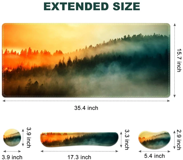 Alt view image 7 of 7 - Lauspuck Keyboard Mouse Pad Set, Extended Gaming Mouse Pad +Keyboard Wrist Support +Mouse Wrist Rest +Coaster, 35.4x15.7 in XXL Large Ergonomic Desk Mat 4in1 Set for Home Office, Sunset Misty Forest
