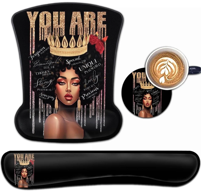 Main image of Keyboard Wrist Rest and Mouse Pad Wrist Support Set, Ergonomic Gel Mouse Pad Wrist Rest with Non-Slip Base for Home Office Desk Pad Easy Typing, African American Black Women Gaming Mouse Pad