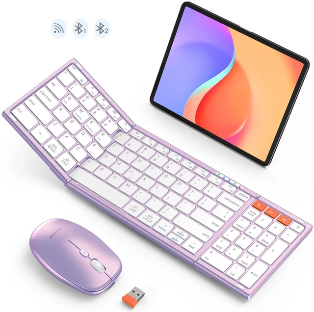 Main image of MEETION Foldable Bluetooth Keyboard and Mouse, Portable Combo Purple | Slim foldable keyboard and mouse set with a soft travel pouch, rechargeable and multi-device connection for work on the go