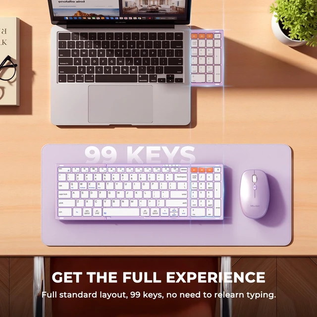Alt view image 3 of 7 - MEETION Foldable Bluetooth Keyboard and Mouse, Portable Combo Purple | Slim foldable keyboard and mouse set with a soft travel pouch, rechargeable and multi-device connection for work on the go