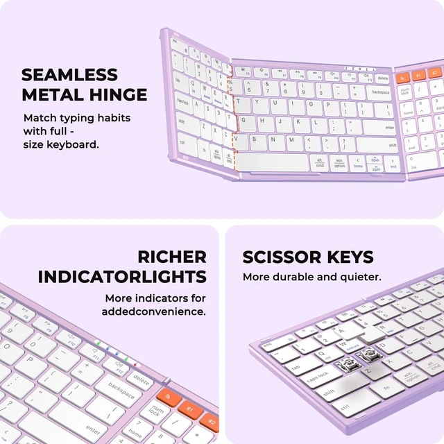 Alt view image 5 of 7 - MEETION Foldable Bluetooth Keyboard and Mouse, Portable Combo Purple | Slim foldable keyboard and mouse set with a soft travel pouch, rechargeable and multi-device connection for work on the go