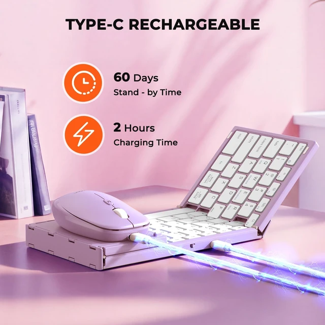 Alt view image 6 of 7 - MEETION Foldable Bluetooth Keyboard and Mouse, Portable Combo Purple | Slim foldable keyboard and mouse set with a soft travel pouch, rechargeable and multi-device connection for work on the go