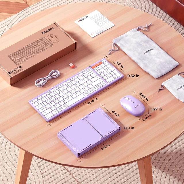 Alt view image 7 of 7 - MEETION Foldable Bluetooth Keyboard and Mouse, Portable Combo Purple | Slim foldable keyboard and mouse set with a soft travel pouch, rechargeable and multi-device connection for work on the go
