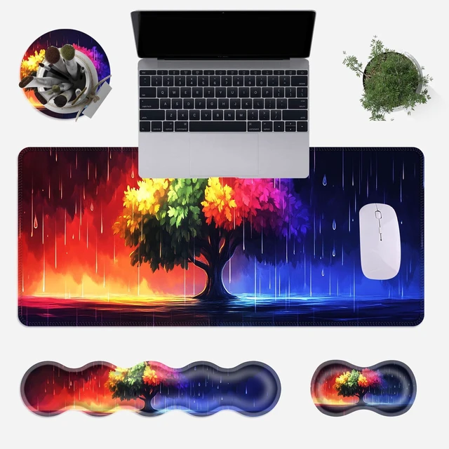 Main image of wiaekosef Large Mouse Pad Set,Extended Mouse Pad+Keyboard Wrist Rest Support Desk Pad Memory Foam Ergonomic Easy Typing,31.5×11.8 in Desk Mat Set for Home Office,Rainbow Tree in Rain