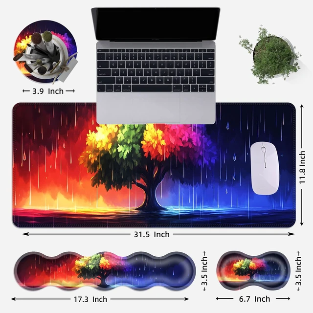 Alt view image 6 of 7 - wiaekosef Large Mouse Pad Set,Extended Mouse Pad+Keyboard Wrist Rest Support Desk Pad Memory Foam Ergonomic Easy Typing,31.5×11.8 in Desk Mat Set for Home Office,Rainbow Tree in Rain