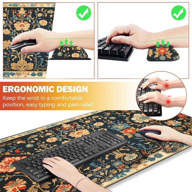 Alt view image 2 of 7 - ARTSO Desk Mat Set, Mouse Pad with Wrist Rest Support + Keyboard Wrist Rest + Large Mouse Pad + Coaster, Extended Gaming Mousepad Combo, Retro Flower Plant