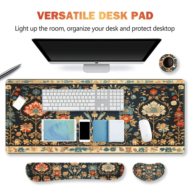 Alt view image 4 of 7 - ARTSO Desk Mat Set, Mouse Pad with Wrist Rest Support + Keyboard Wrist Rest + Large Mouse Pad + Coaster, Extended Gaming Mousepad Combo, Retro Flower Plant