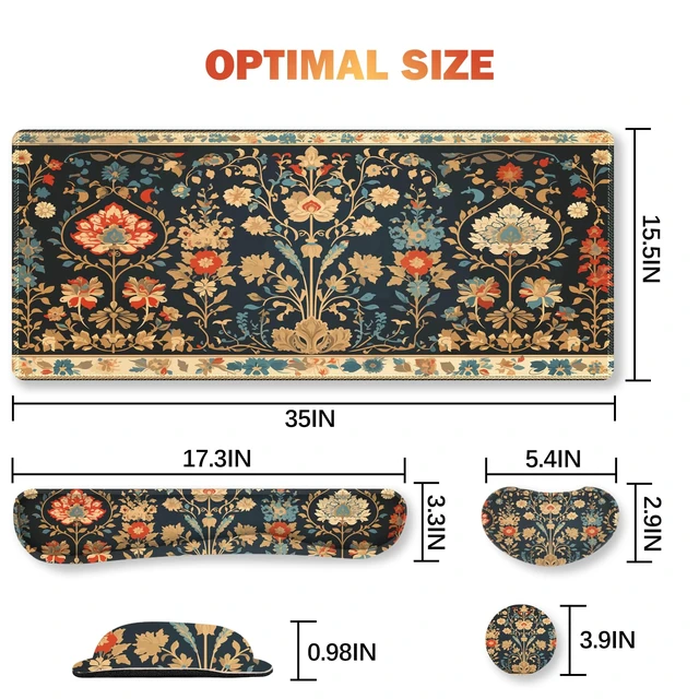 Alt view image 6 of 7 - ARTSO Desk Mat Set, Mouse Pad with Wrist Rest Support + Keyboard Wrist Rest + Large Mouse Pad + Coaster, Extended Gaming Mousepad Combo, Retro Flower Plant