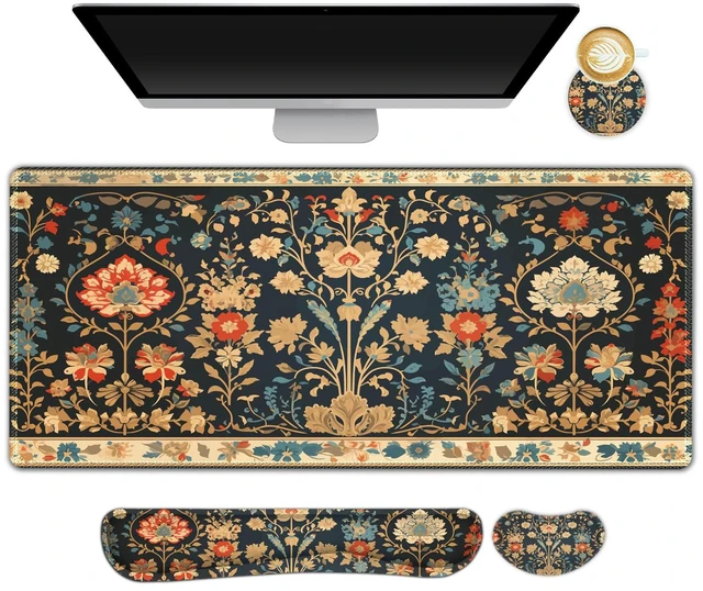 Main image of ARTSO Desk Mat Set, Mouse Pad with Wrist Rest Support + Keyboard Wrist Rest + Large Mouse Pad + Coaster, Extended Gaming Mousepad Combo, Retro Flower Plant