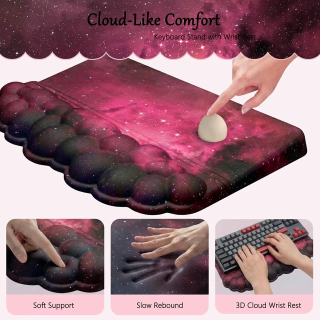Alt view image 4 of 7 - Computer Keyboard Stand Pad with Wrist Rest Dark Pink Cloud Keyboard Pad Support with Comfortable Black Galaxy Stars Wrist Pad Cute Girl Ergonomic Tilted Keyboard Riser Holder for Desktop Office Home